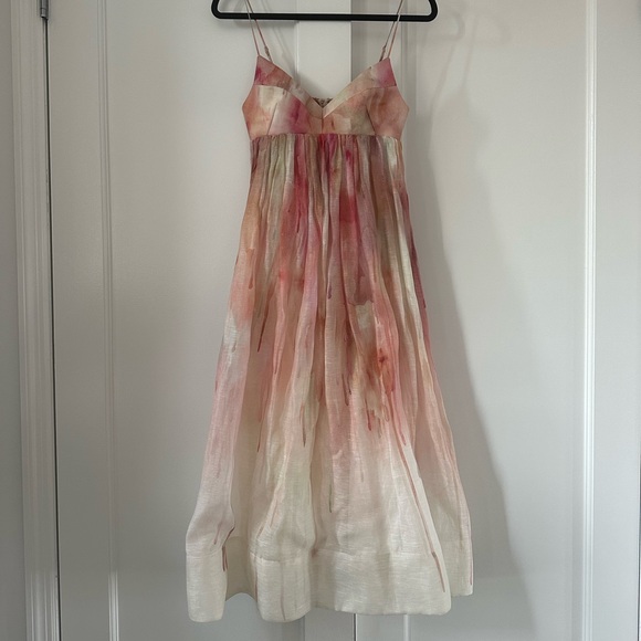 Zimmermann Pink and White Dancer Empire Waist Midi Dress in Abstract Blush sz 0 - Picture 2 of 7